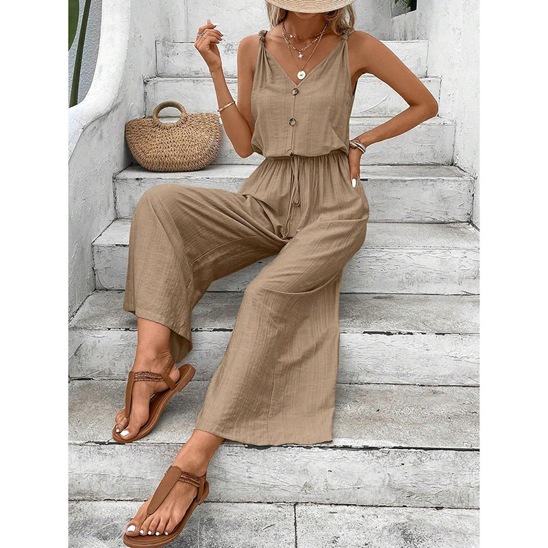 Women's Jumpsuit – Relaxed Fit – Sleeveless – Button Closure – Wide Legs – Natural Fibers
