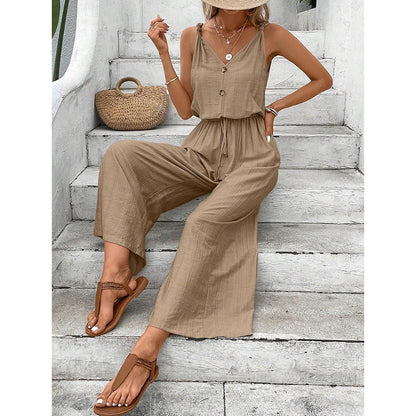 Women's Jumpsuit – Relaxed Fit – Sleeveless – Button Closure – Wide Legs – Natural Fibers