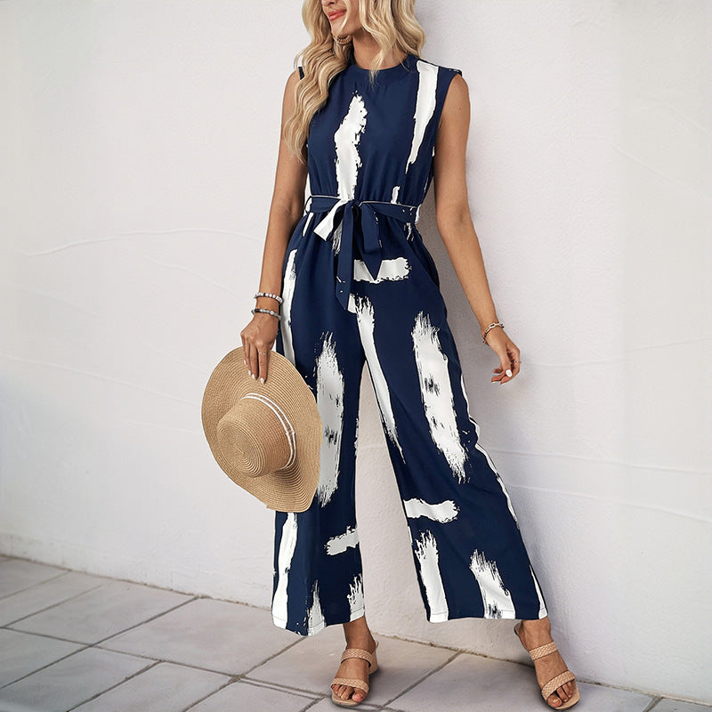Dame Jumpsuit – Ærmeløs – Vidde Ben – Let Vægt – Bindebælte – Printet Design