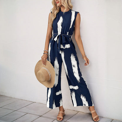 Dame Jumpsuit – Ærmeløs – Vidde Ben – Let Vægt – Bindebælte – Printet Design