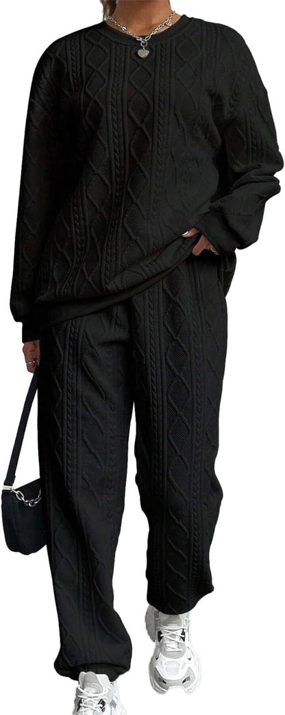 Women's Lounge Set – Knitted Twist Pattern – Relaxed Fit – Long-Sleeved Top & Cuffed Pants