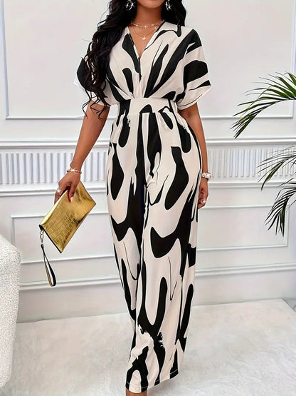 Dame Jumpsuit – Let og Åndbar – Kort Ærme – V-Hals – Elastisk Talje – Vidde Ben