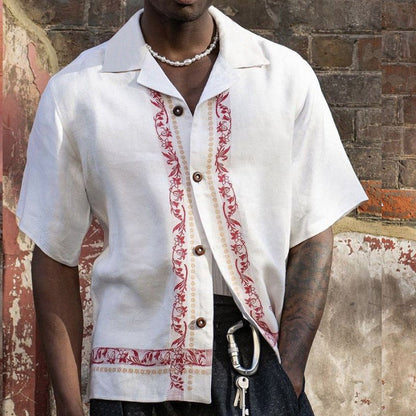 Men's Shirt with Short Sleeves – Relaxed Fit – Embroidery – Light Linen Blend