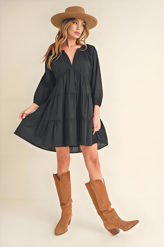 Women's Dress – 100% Cotton – A-line Fit – V-neck – 3/4 Sleeves – Layered Design