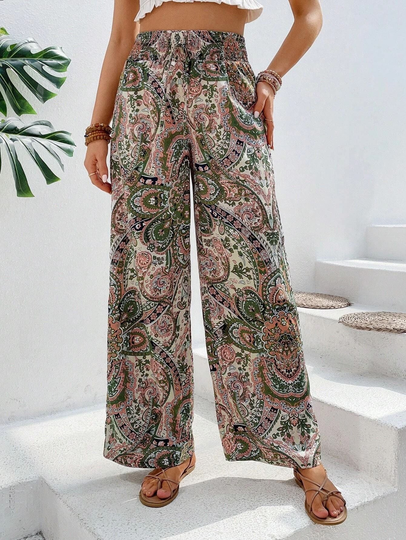 Women's Trousers with Wide Legs – Relaxed Fit – Elastic Waist – Boho Pattern – Light and Breathable