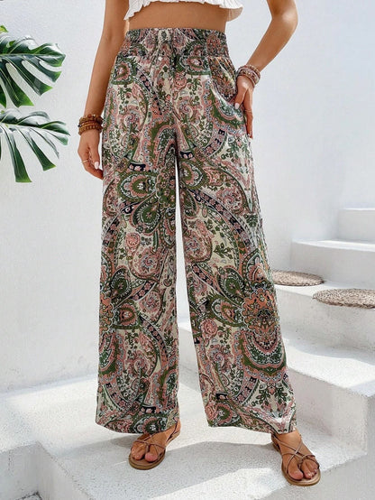 Women's Trousers with Wide Legs – Relaxed Fit – Elastic Waist – Boho Pattern – Light and Breathable