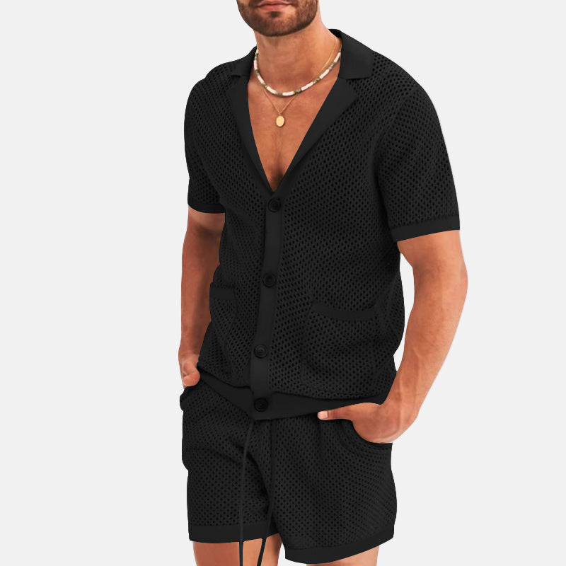 Men's set - Mesh button shirt and shorts - Summer outfit