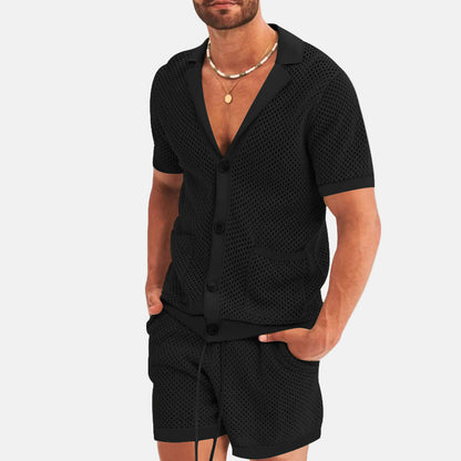 Men's set - Mesh button shirt and shorts - Summer outfit