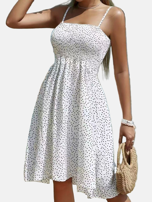 Women’s Polka Dot Dress - Smocked Bodice - Spaghetti Strap