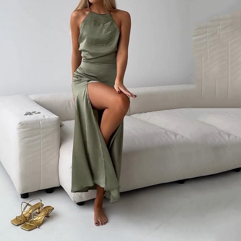 Dress for Women – Maxi Length – Slim Fit – Halterneck – Open Back – Side Slit