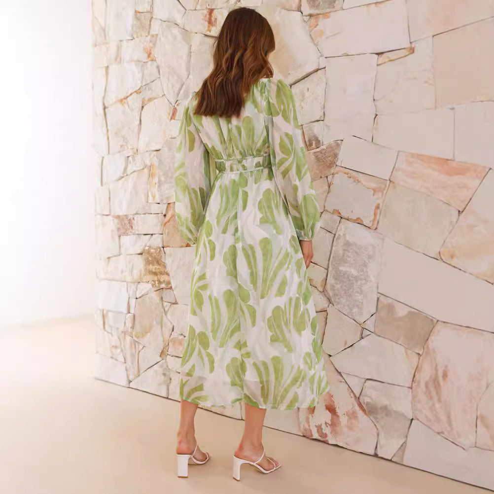 Women's Dress – Long Chiffon – Floral Print – V-Neck – Loose Fit – Long Sleeves