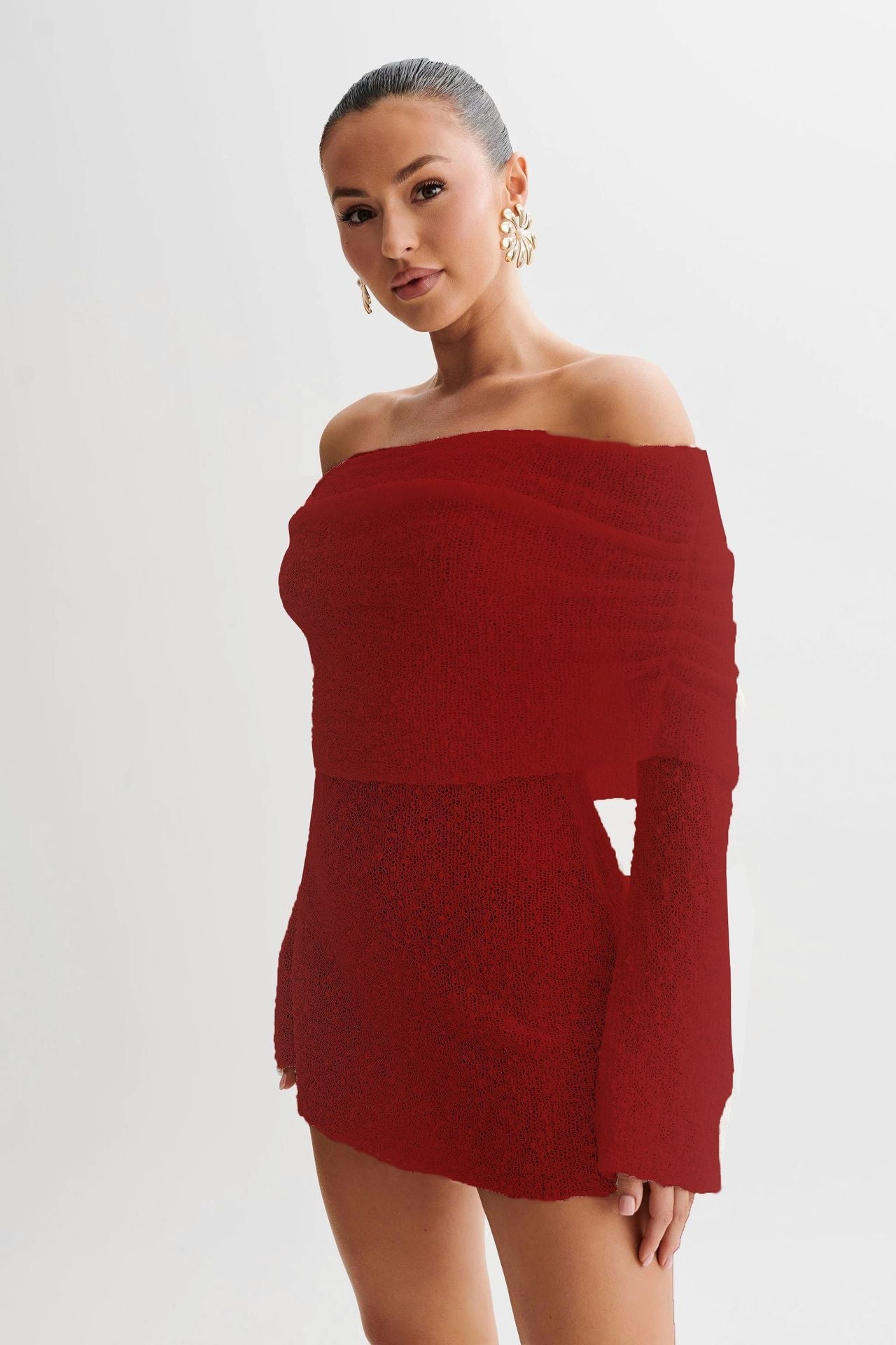 Dame Strandkjole – Strik – Slim Fit – Off Shoulder – Semi Transparent – Lange Ærmer