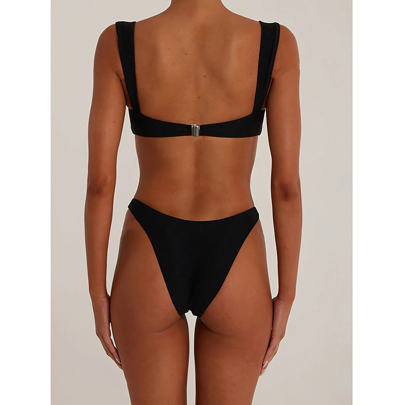 Women's Bikini Set – V-Neck with Cutout – High Waist – Stretchable Breathable Design – Metallic Detail