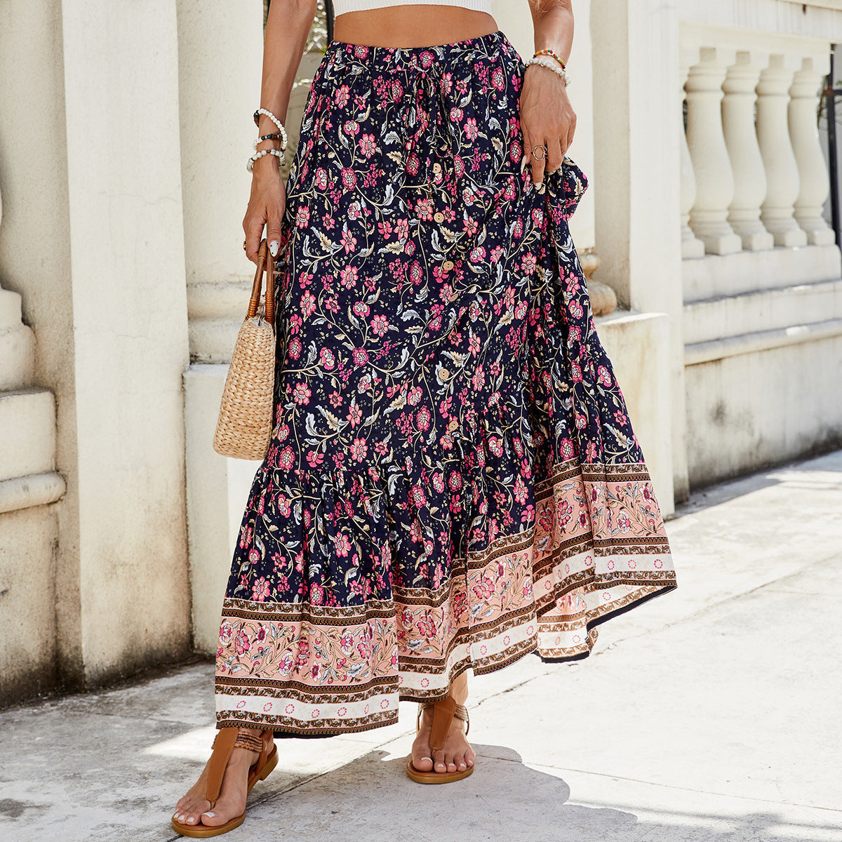 Women's Maxi Skirt – Loose Fit – Layered Boho Design – Floral Print – Soft Cotton Texture