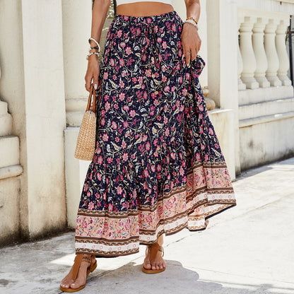 Women's Maxi Skirt – Loose Fit – Layered Boho Design – Floral Print – Soft Cotton Texture