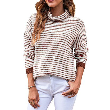 Women's Turtleneck Knit Sweater – Relaxed Fit – Wool Texture – Striped – Ribbed Edges