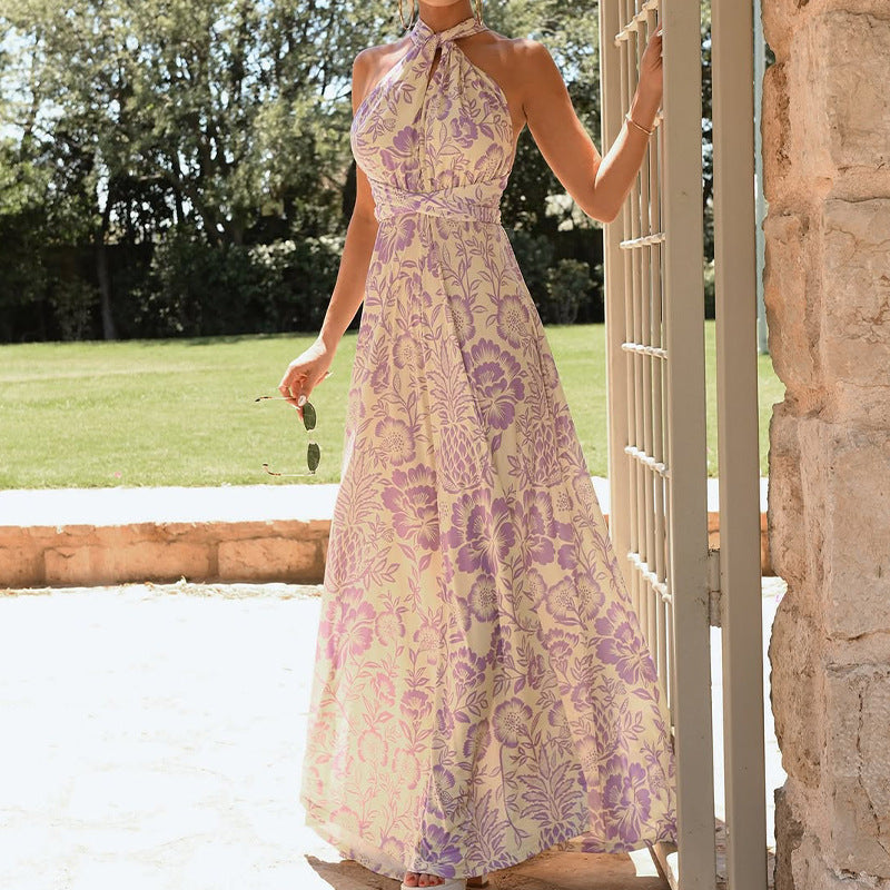 Dress for Women – Halterneck – Floral Print – Long – Open Back – Light and Elegant