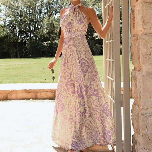 Dress for Women – Halterneck – Floral Print – Long – Open Back – Light and Elegant