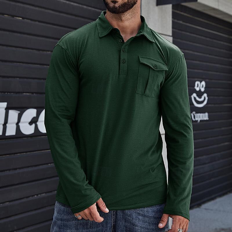 Men's Henley Polo with Long Sleeves – Regular Fit – Breathable Cotton – Chest Pocket