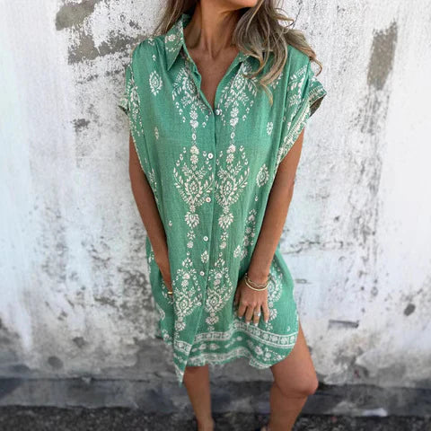 Women's Shirt Dress – Relaxed Fit – Bohemian Print – Natural Fibers – Mini Length