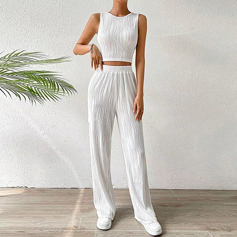 Women's Set – Soft Textured Fabric – Sleeveless Crop Top & Straight Pants