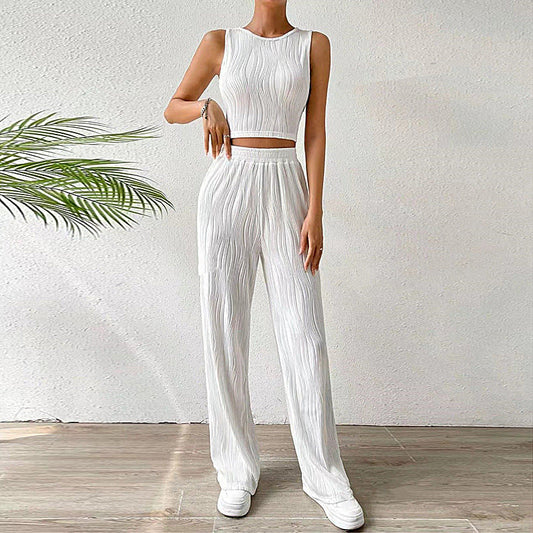 Women's Set – Soft Textured Fabric – Sleeveless Crop Top & Straight Pants