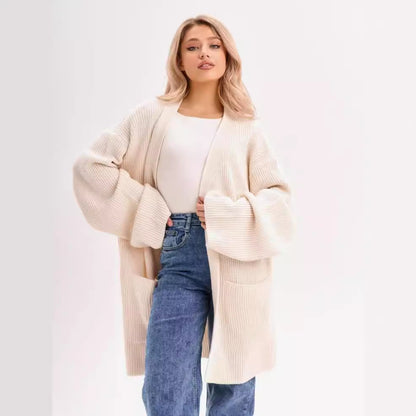 Women's Cardigan – Knit – Oversized Fit – Long Voluminous Sleeves – With Pockets
