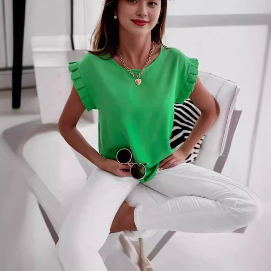 Women's Blouse – Relaxed Fit – Ruched Sleeves – Breathable Lightweight Fabric – Round Neck
