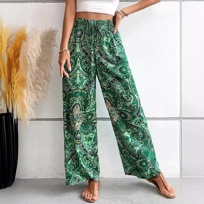 Women's Trousers with Wide Legs – Relaxed Fit – Elastic Waist – Boho Pattern – Light and Breathable