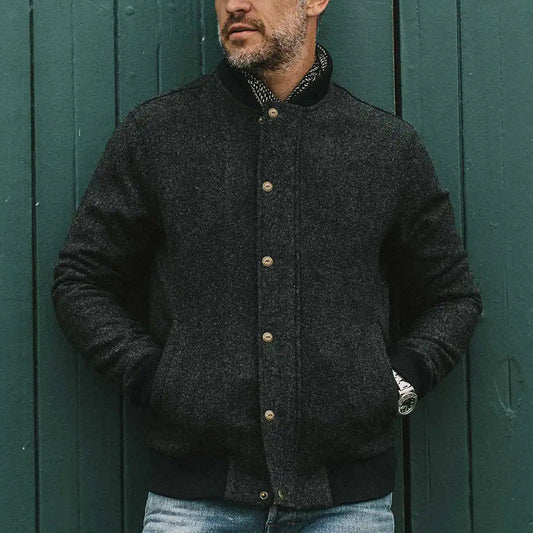 Men's Bomber Jacket – Wool Blend – Relaxed Fit – Ribbed Edges Button Closure