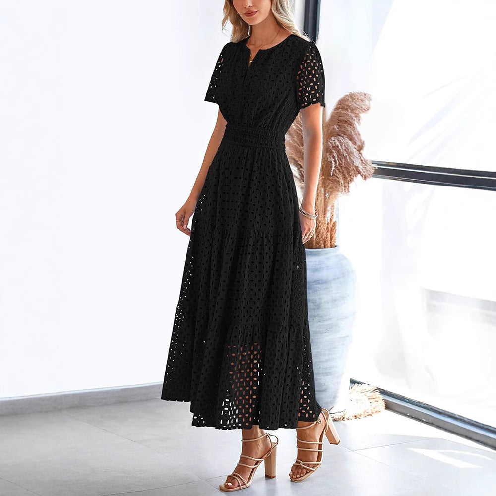 Women's Maxi Dress – Embroidered Lace – V-Neck – Short Sleeves – Loose Fit