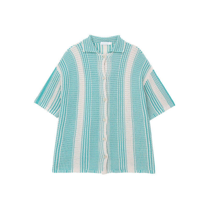 Men's Shirt – Knit Material – Loose Fit – Button Closure – Short Sleeve – Striped