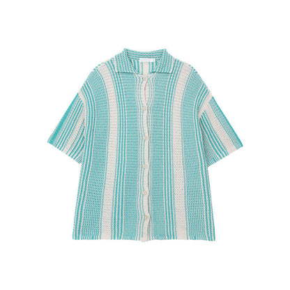 Men's Shirt – Knit Material – Loose Fit – Button Closure – Short Sleeve – Striped