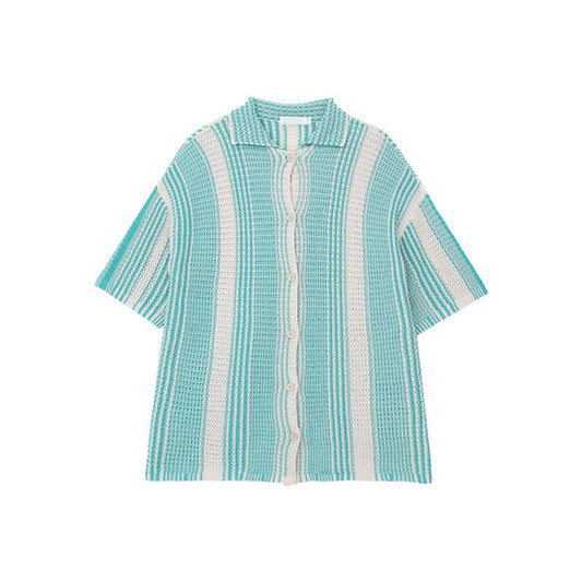 Men's Shirt – Knit Material – Loose Fit – Button Closure – Short Sleeve – Striped