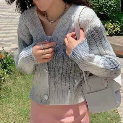 Women's Cardigan – Relaxed Fit – Cable Knit – Voluminous Sleeves – Button Closure