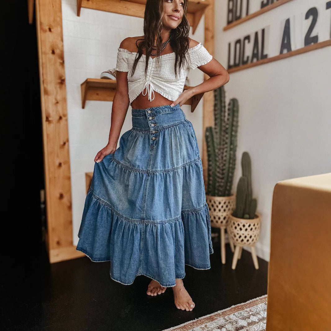 Dame Nederdel – A-Line Pasform – Denim – Knappelukning – Bohemisk Etage-Design