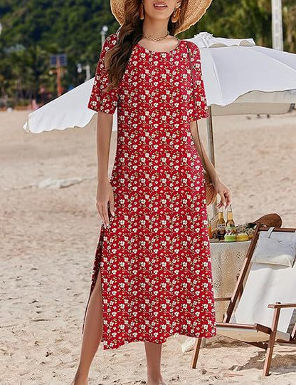 Women's Maxi Dress – Bohemian Floral Print – Loose Fit – Breathable Material – Side Slits