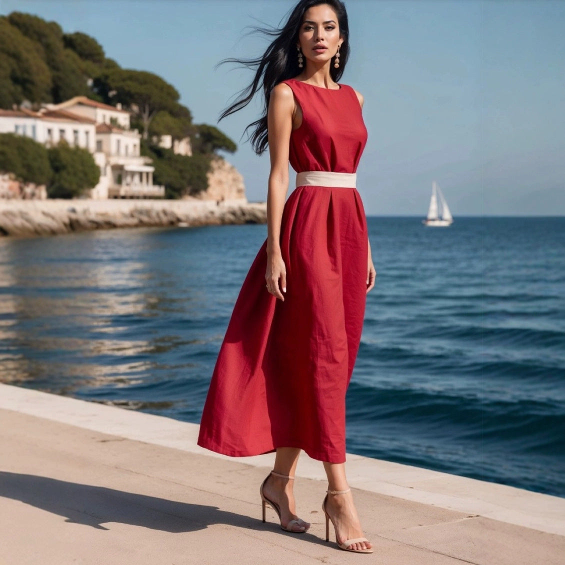 Dress for Women – Sleeveless Fit and Flare – Waistband – Natural Fibers – Midi Length