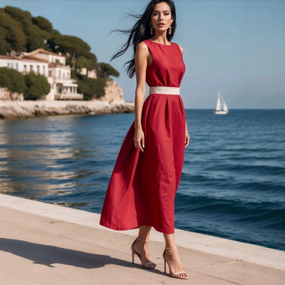 Dress for Women – Sleeveless Fit and Flare – Waistband – Natural Fibers – Midi Length