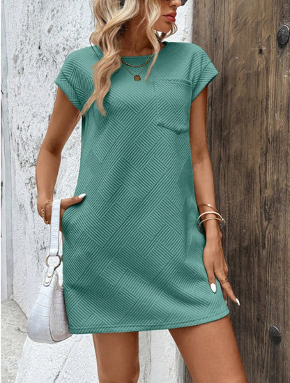 Dress for women – relaxed fit – textured pattern – short sleeves – mini length