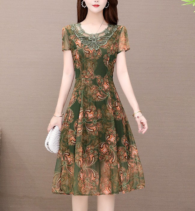 Women's Elegant Short-Sleeve Floral A-Line Dress
