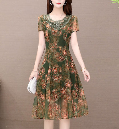 Women's Elegant Short-Sleeve Floral A-Line Dress