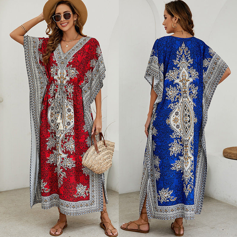 Dress for Women – Maxi Dress with Loose Fit – V-Neck – Short Wide Sleeves – Elegant Pattern Design