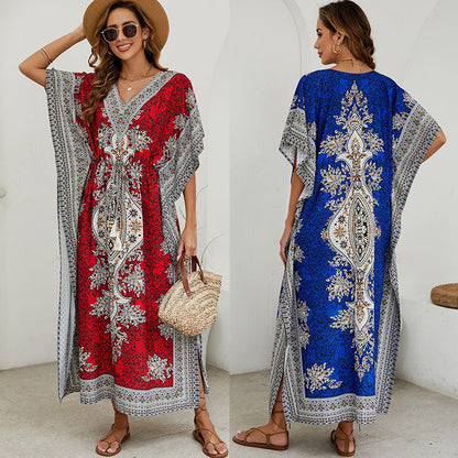 Dress for Women – Maxi Dress with Loose Fit – V-Neck – Short Wide Sleeves – Elegant Pattern Design