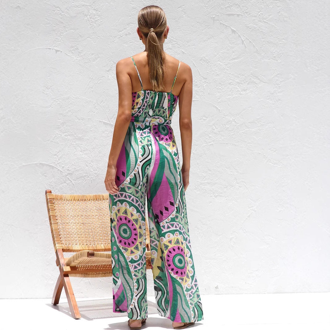 Women's Jumpsuit – Wide Legs – Spaghetti Straps – Front Bow Cutout – Breathable Comfort