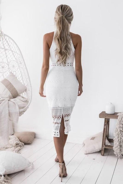 Dress for Women – Slim Fit – Mid-Length – Halterneck – Lace with Crochet Detail