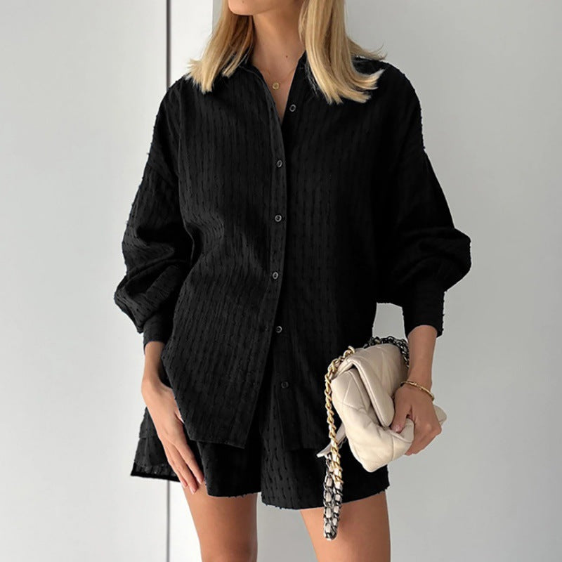 Women's Set with Blouse and Shorts – Relaxed Fit – Jacquard – Puff Sleeves – Elastic Waist