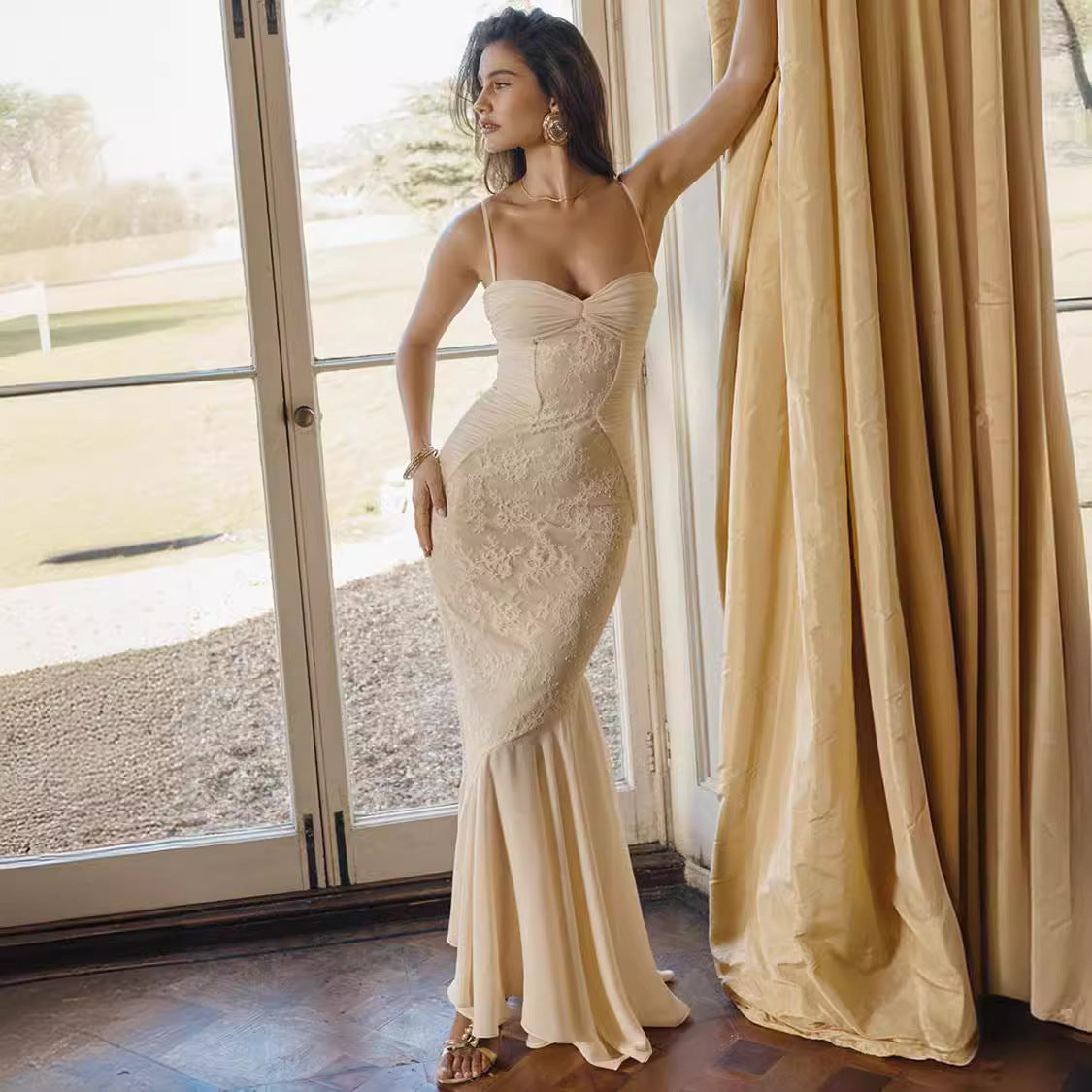 Dress for Women – Evening Dress in Slim Fit – Embroidered Mesh – Open Back – Straps