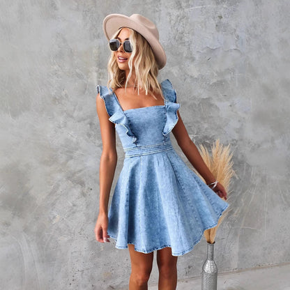 Women's dress in denim – Fit and flare – Ruched sleeves – Square neckline – Mini length