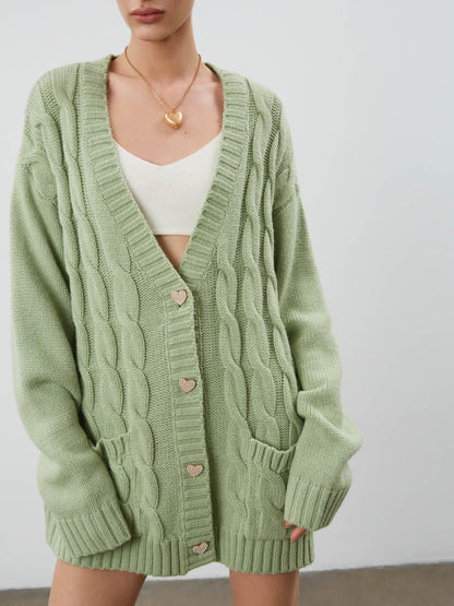 Women's Cardigan – Oversized Fit – Chunky Cable Knit – Heart Buttons – Pockets